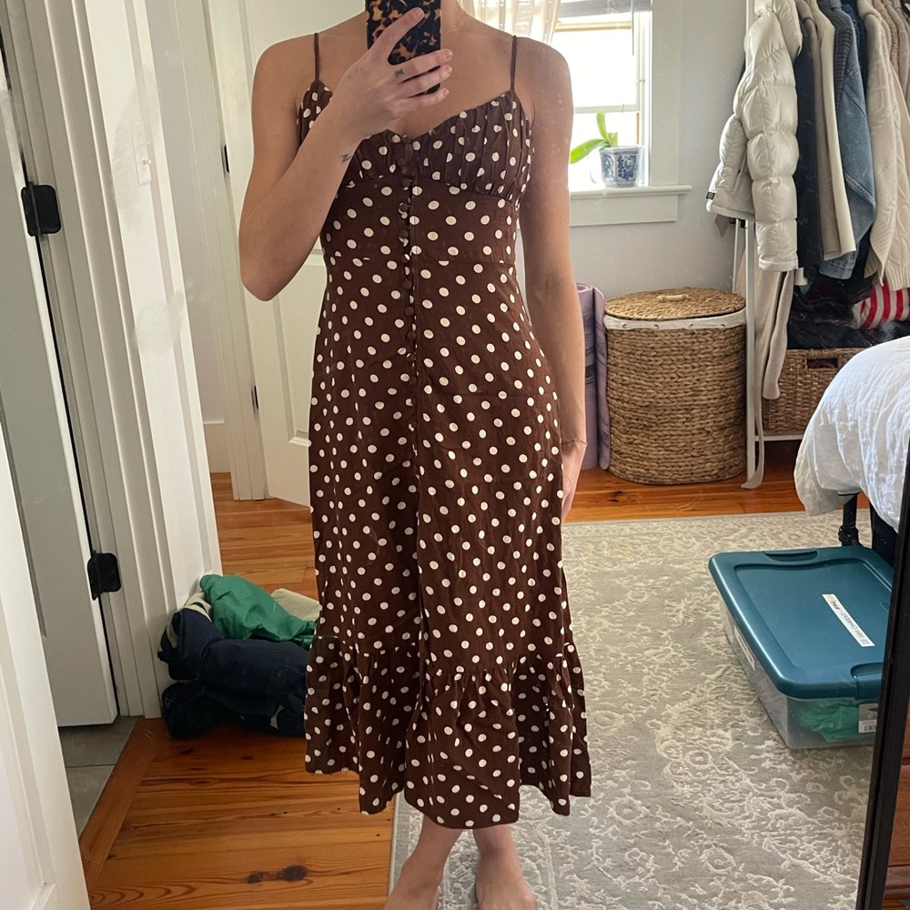 Zara brown and white polka dot midi dress